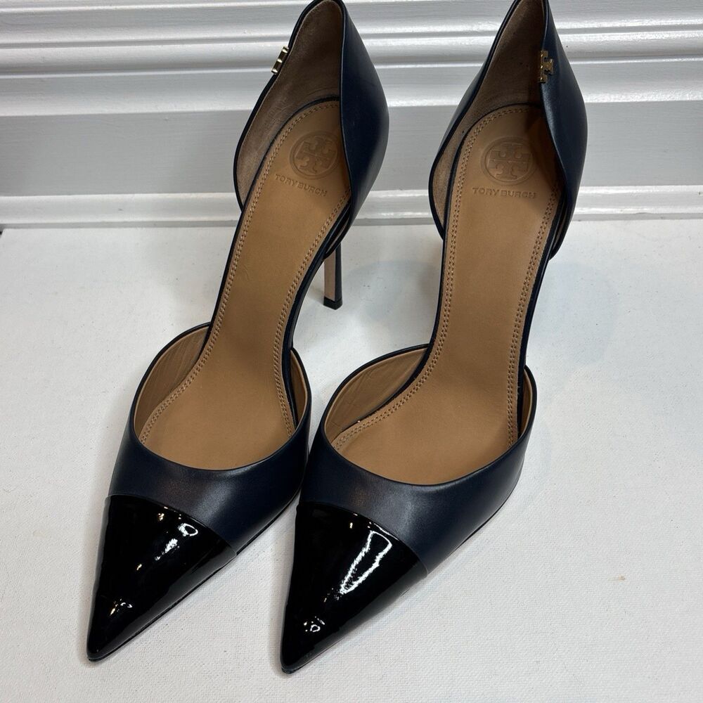 Tory Burch Pumps 10.5 Navy Leather Black Patent Cap Toe D’Orsay Pointed Heels
